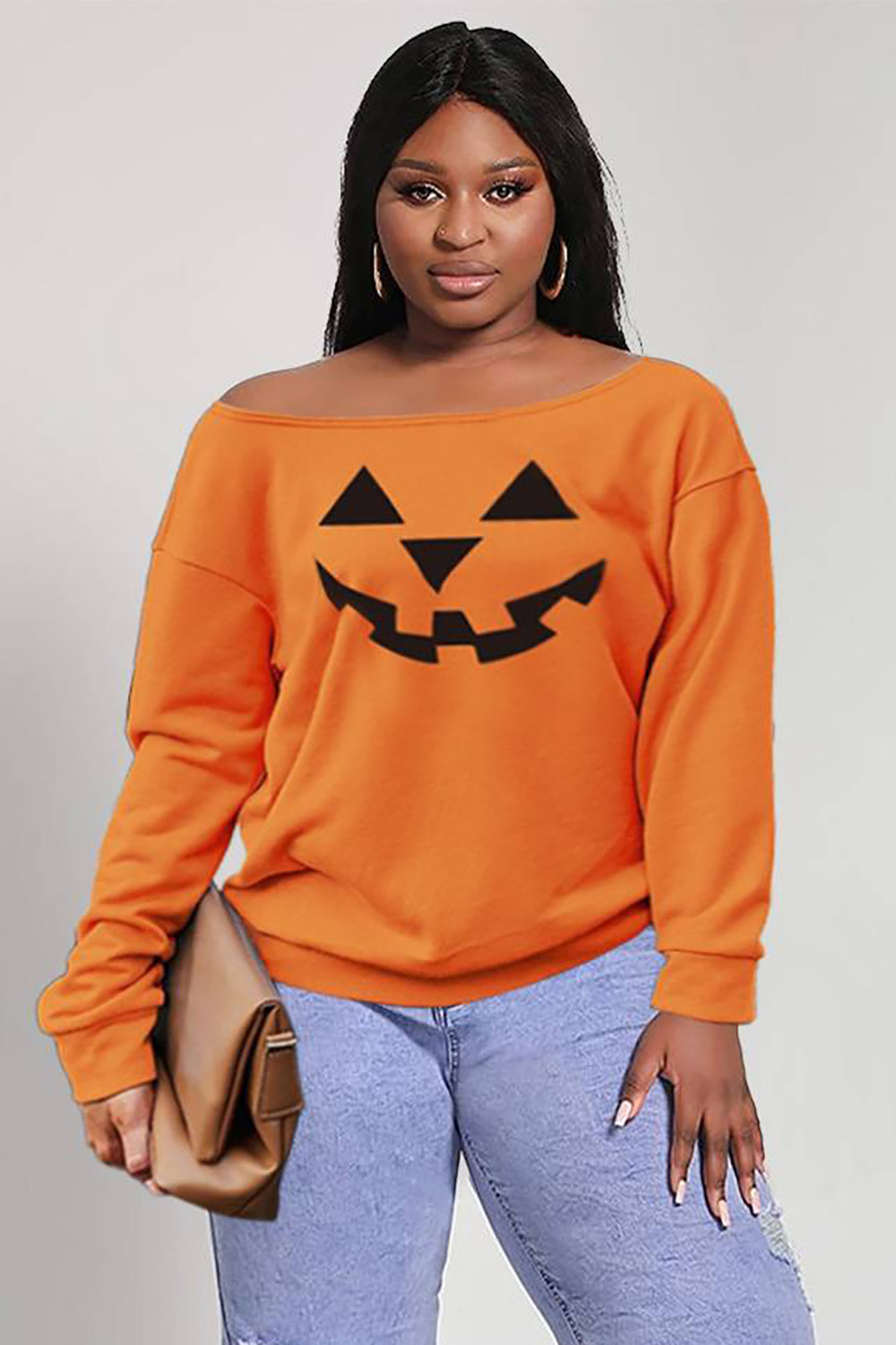 Xpluswear Design Plus Size Casual Blouse Orange Oblique Collar Halloween Print Loose Long Sleeve Blouse