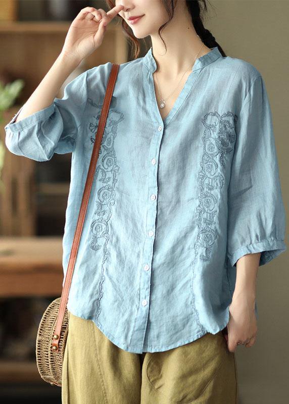 French Khaki Embroideried V Neck Ramie Blouse Top Summer