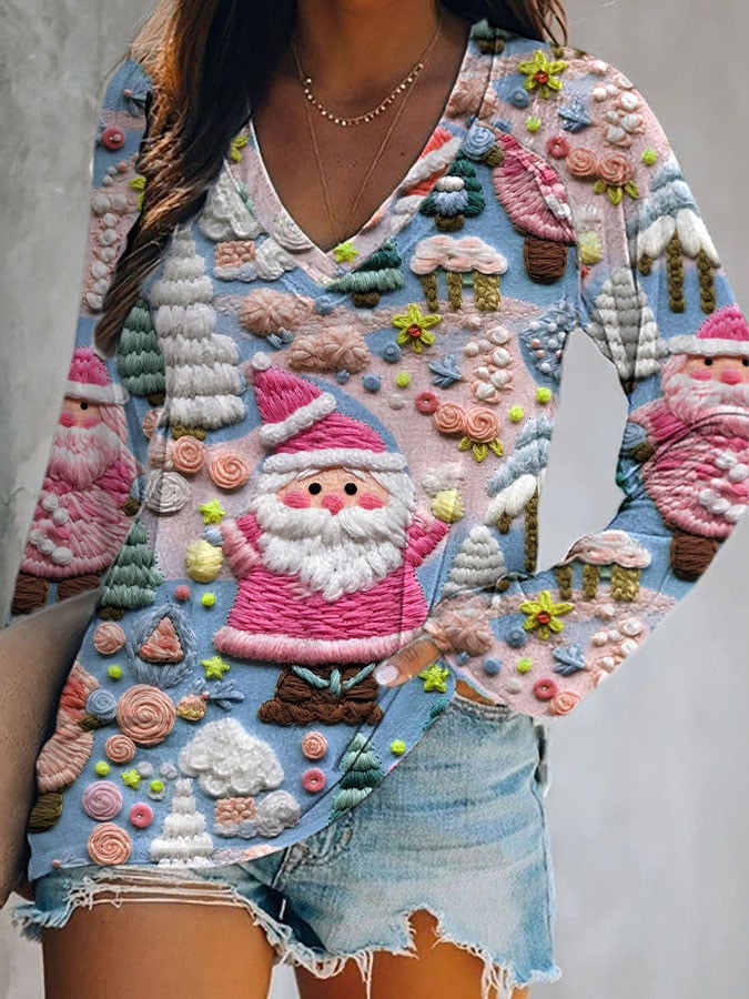 Women's Christmas Pink Santa V-Neck Top