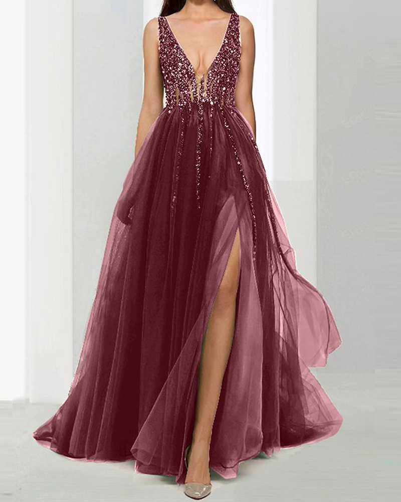 slit sequined Gown chiffon silk maxi dress