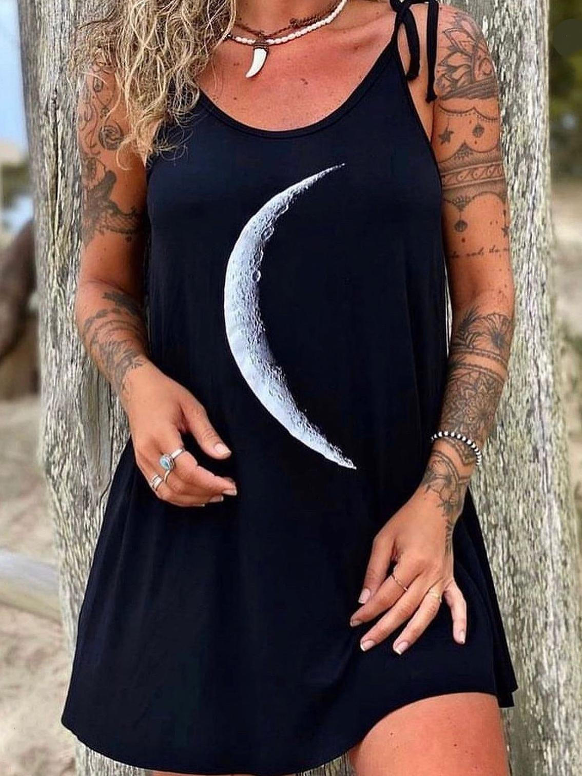 Moon Print Adjustable Shoulder Strap Mini Dress