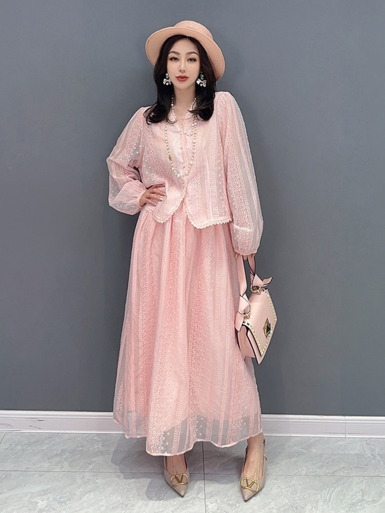 Pink or White Long Sleeve Lace Top & Maxi Skirt 2-Piece Set