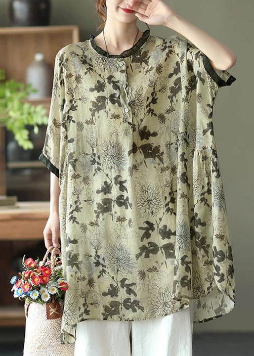 Plus Size -Red Ramie Floral Vintage Women Print Casual Shirt