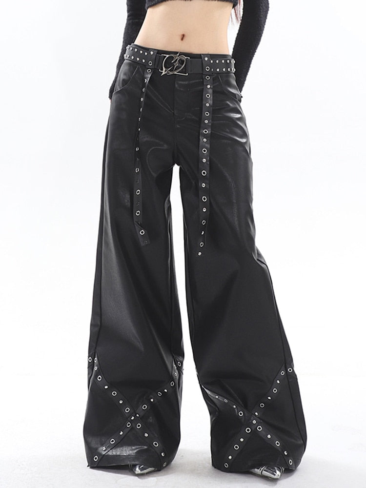 High-Fashion Metal-Accented Wide Leg Leather Pants
