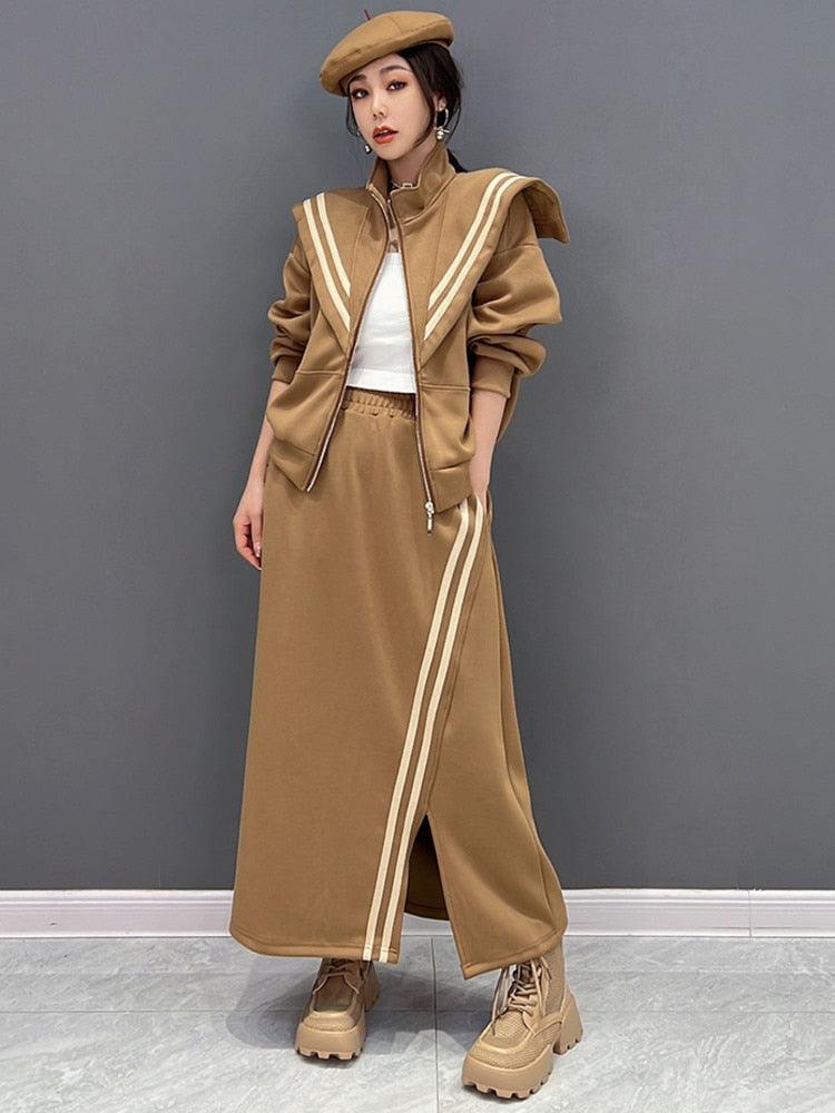 Ella Luxe Oversized Collar Top & Elastic Waist Skirt 2-Piece Set