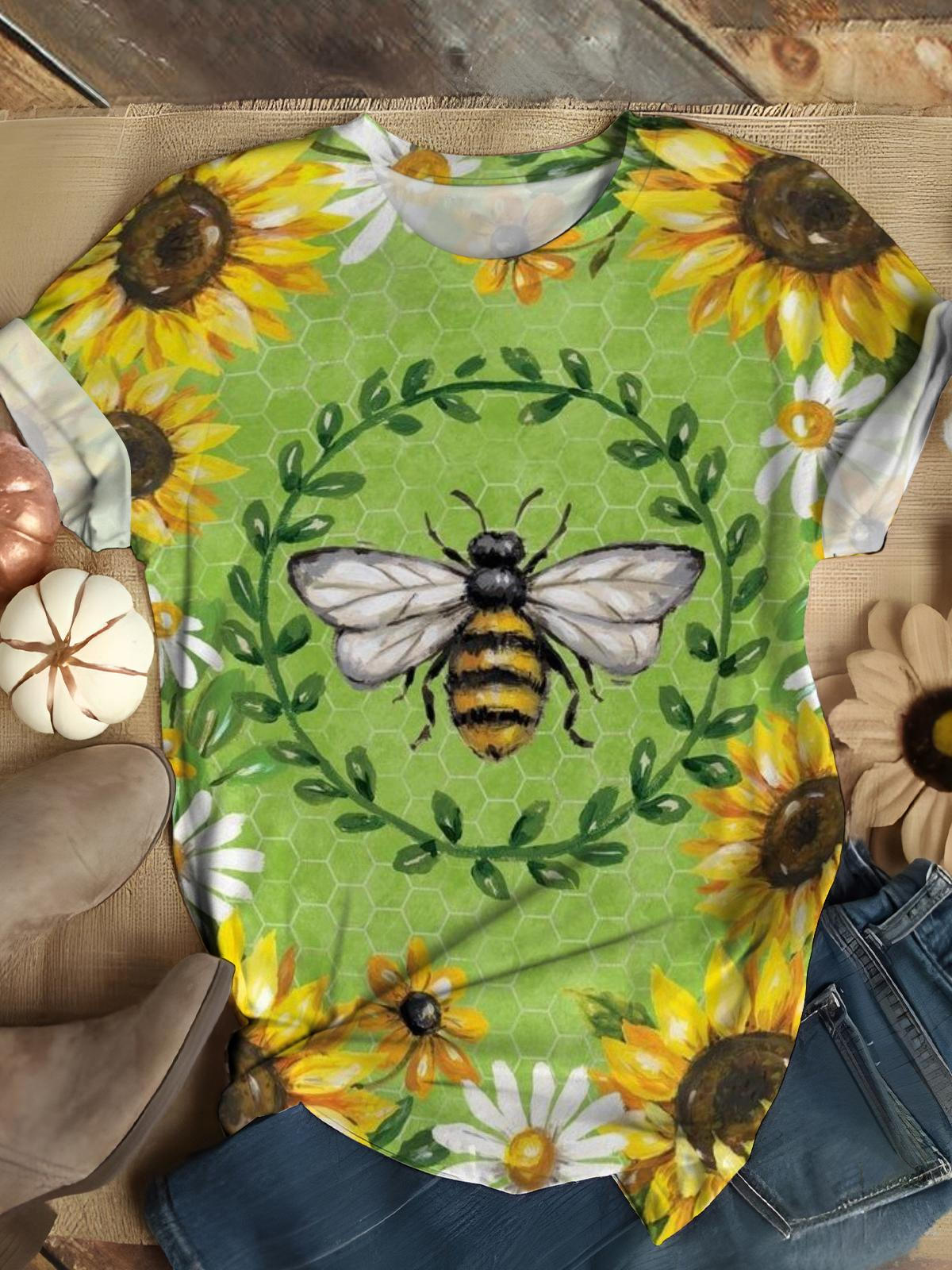 Bee Sunflower Crew Neck T-shirt